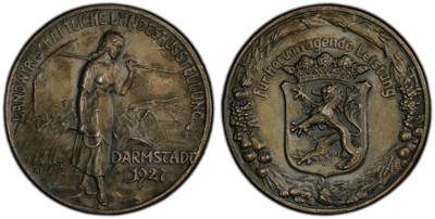 万国钱币拍卖第059期 - PCGS SP64 1927年德国魏玛共和国黑森-达姆施塔特农业博览会纪念大银章 罕见小邦农业展磨砂工艺大银章 PC唯一冠军