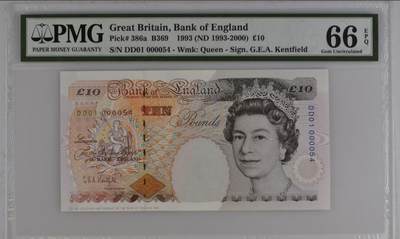 世界靓号纸钞第八十一期 - 1993年英国英格兰银行10镑 DD01再版首发冠 稀少小号 十位号54号 PMG66