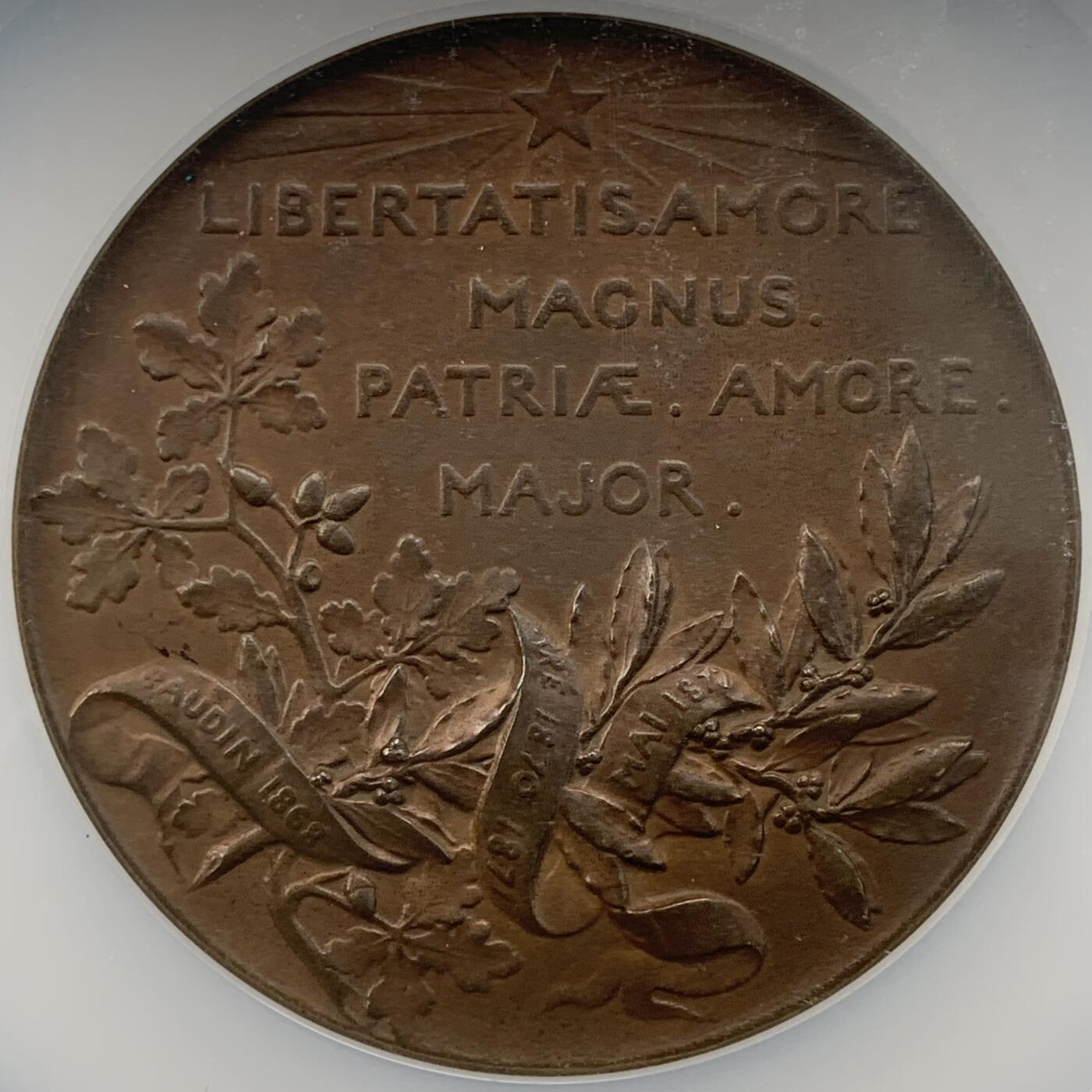 掌中浮雕-藏着的欧洲第051场 NGC MS64 : 1882年法国政治家莱昂·甘必大（Léon Gambetta）逝世纪念铜章，69mm，大师罗蒂作品