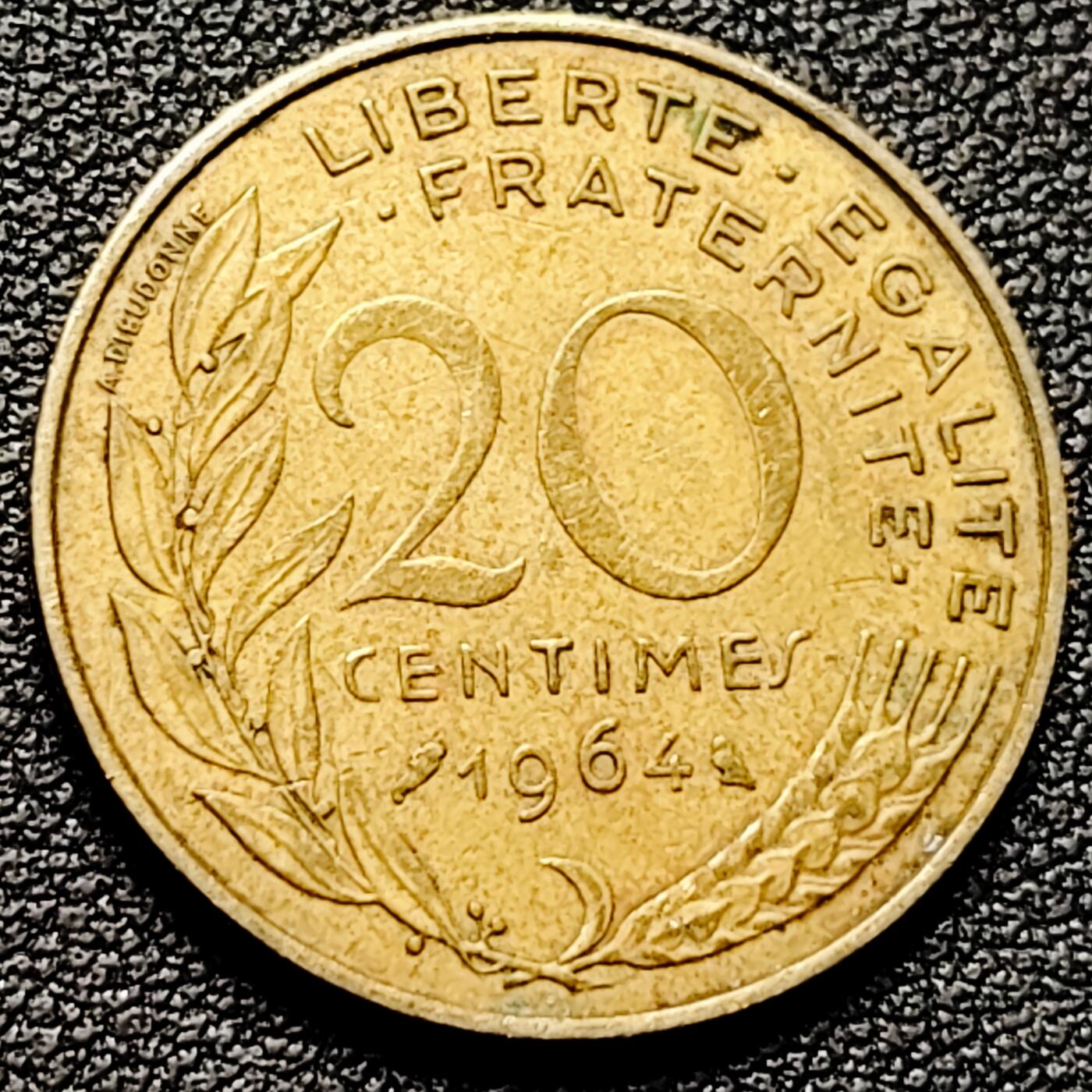 泉币菌-第176场- 精品福利场 法国1964年20生丁铜币 玛丽安娜 入欧前末版 绝版