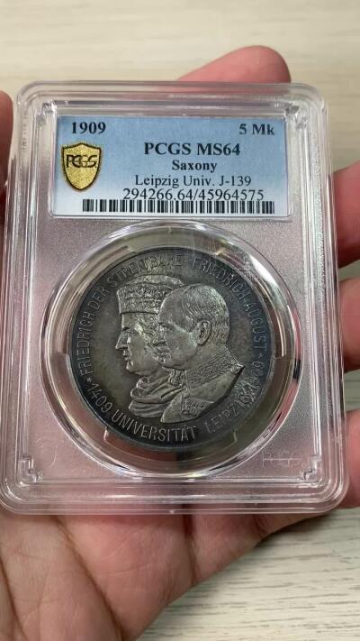 万国钱币拍卖第060期（万国六十期纪念大拍） PCGS MS64 1909萨克森莱比锡大学长翅5马克 经典品种 浓郁烟熏五彩极美 原味转光 收藏级品质