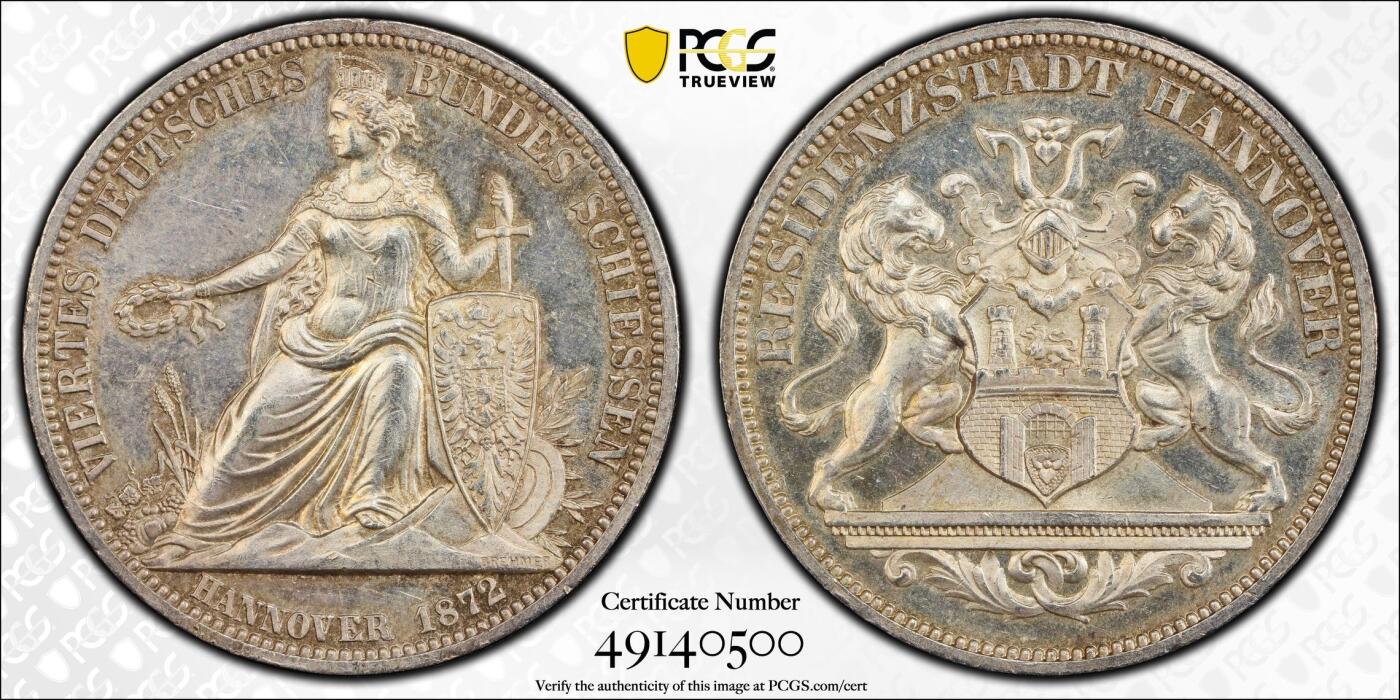 万国钱币拍卖第059期 PCGS MS63 1872汉诺威射击节女武神泰勒 发行量6317枚 高浮雕喷砂质感 原味香槟淡彩