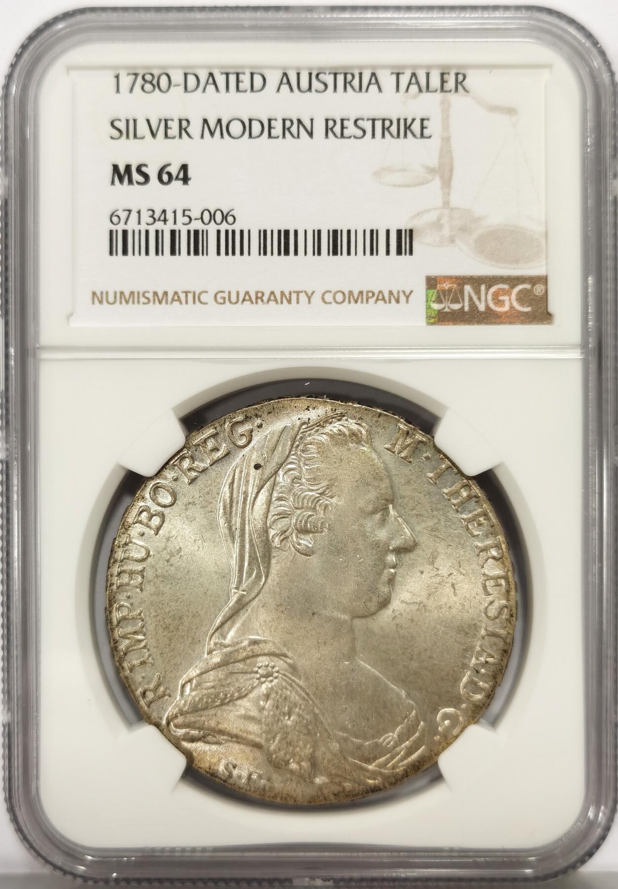 博洋堂世界钱币拍卖第159期（全场包邮） NGC MS64 奥地利1780年大奶妈泰勒大银币，伦敦版，为20世纪30年代所铸造，版式盒子未标注，原味老包浆，严评高分