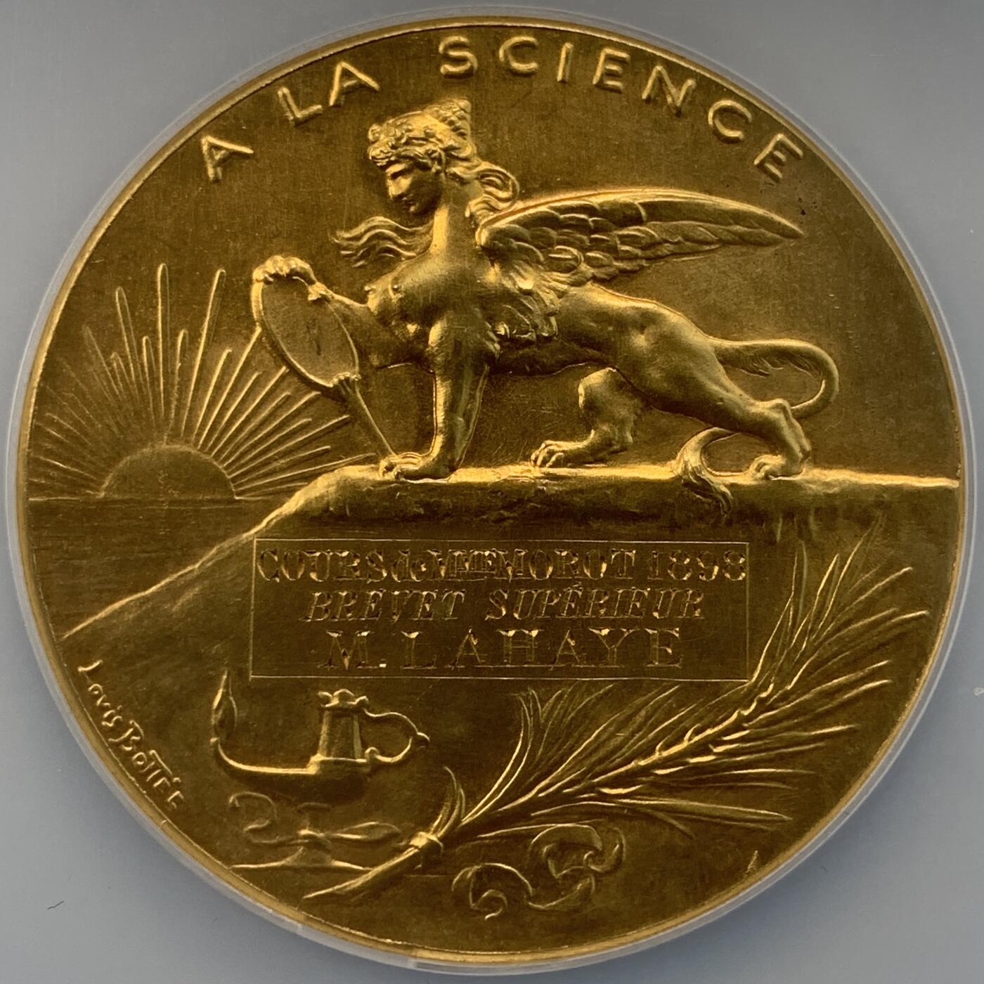 掌中浮雕-藏着的欧洲第051场 NGC MS64 : 1898年法国向科学致敬镀金铜奖章，51mm