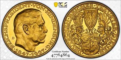 万国钱币拍卖第059期 - PCGS SP63 1927年德国魏玛共和国兴登堡总统80大寿5马克金质币章 卡尔哥茨经典设计黄金化后异常诱人 其镜子般的深度镜面令人着迷 大尺寸金章无论何时均是人见人爱的品种 入手黄金的绝佳机会 22.87g 900金