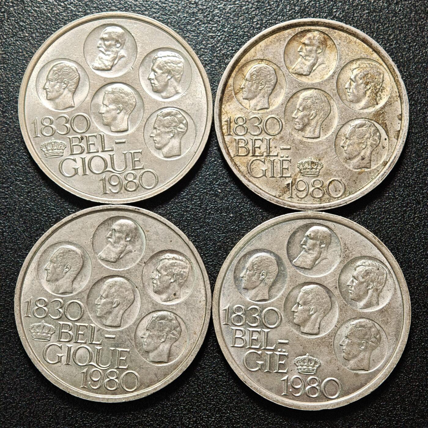 【德藏】世界币章拍卖第163期（拍品征集中~欢迎藏友联系） 4枚一组 2个版本 1980年 比利时独立150周年500法郎纪念镀银镍币 直径约：37.2mm/枚；重约：25g/枚