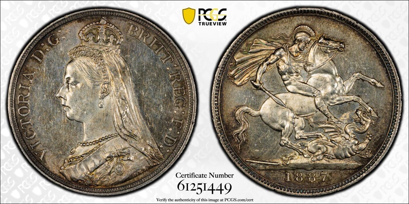 万国钱币拍卖第059期 PCGS MS61 1887年英国维多利亚女皇高冠克朗马剑 双面淡金包浆 高点细节极佳 轻微类镜面质感