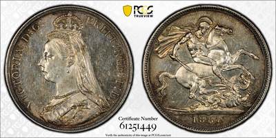 万国钱币拍卖第059期 - PCGS MS61 1887年英国维多利亚女皇高冠克朗马剑 双面淡金包浆 高点细节极佳 轻微类镜面质感