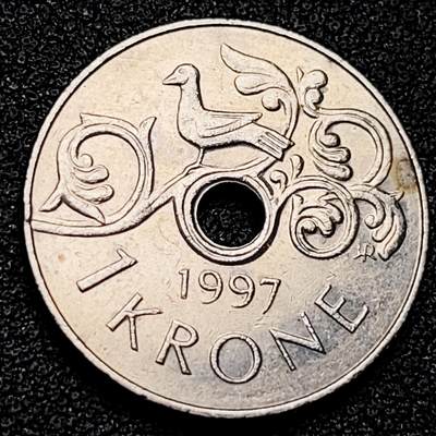泉币菌-第177场- 精品福利场 - 1997年 哈拉尔五世小鸟 挪威1克朗圆孔铜镍币 21.0毫米 4.3克