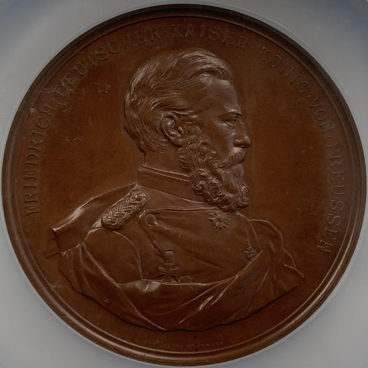 掌中浮雕-藏着的欧洲第051场 NGC MS63 ：1888年德皇弗立德里希三世立威廉二世为王储铜章，70mm