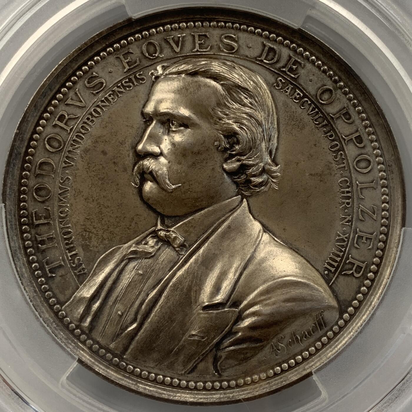 掌中浮雕-藏着的欧洲第051场 PCGS SP63 : 1887年奥地利数学家天文学家奥博尔策镀银铜章，66mm，大师安东沙夫作品