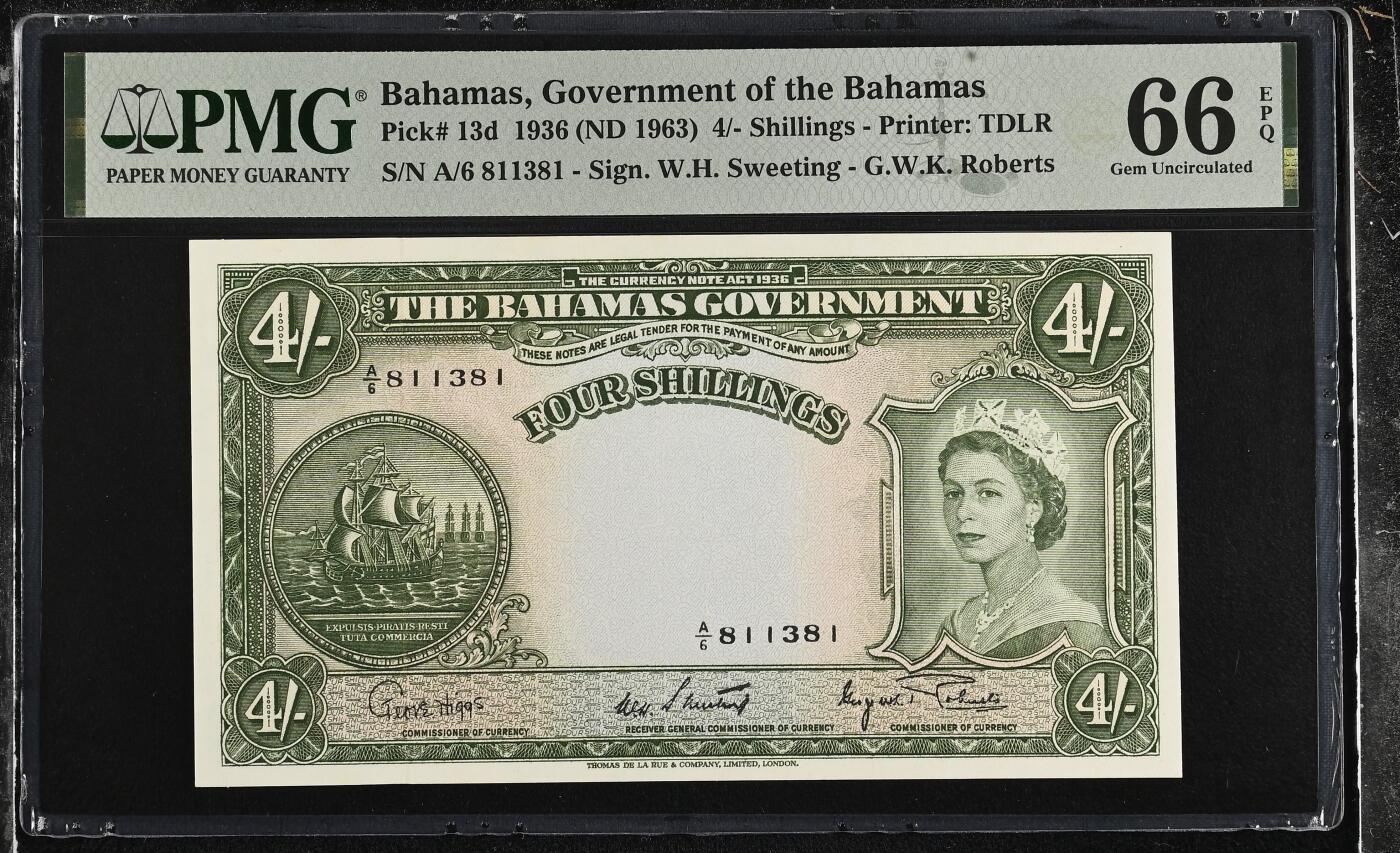 《外钞收藏家》第六百零五期（精选场）（本平台长期征集拍品、欢迎藏友们联系合作） 【无47】巴哈马 1963年4先令 PMG65EPQ 绝品 英女王 靓号无47