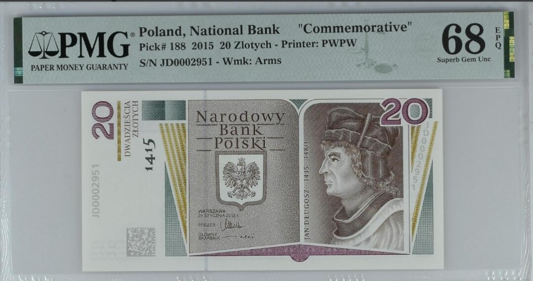 世界靓号纸钞第八十一期 2015年波兰德戈乌什纪念钞 20兹罗提 全程无347 PMG68 超高分 该钞发行量只有30000张 波兰所有发行量里面最少的 也是最难评的一张
