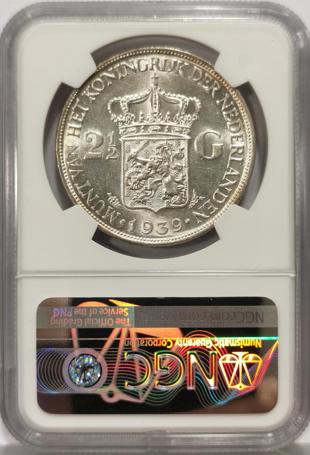 博洋堂世界钱币拍卖第159期（全场包邮） NGC AU58 荷兰1939年2.5盾威廉明娜像大银币，近未流通好品相，记录传奇女王故事，细节清晰，收藏价值高