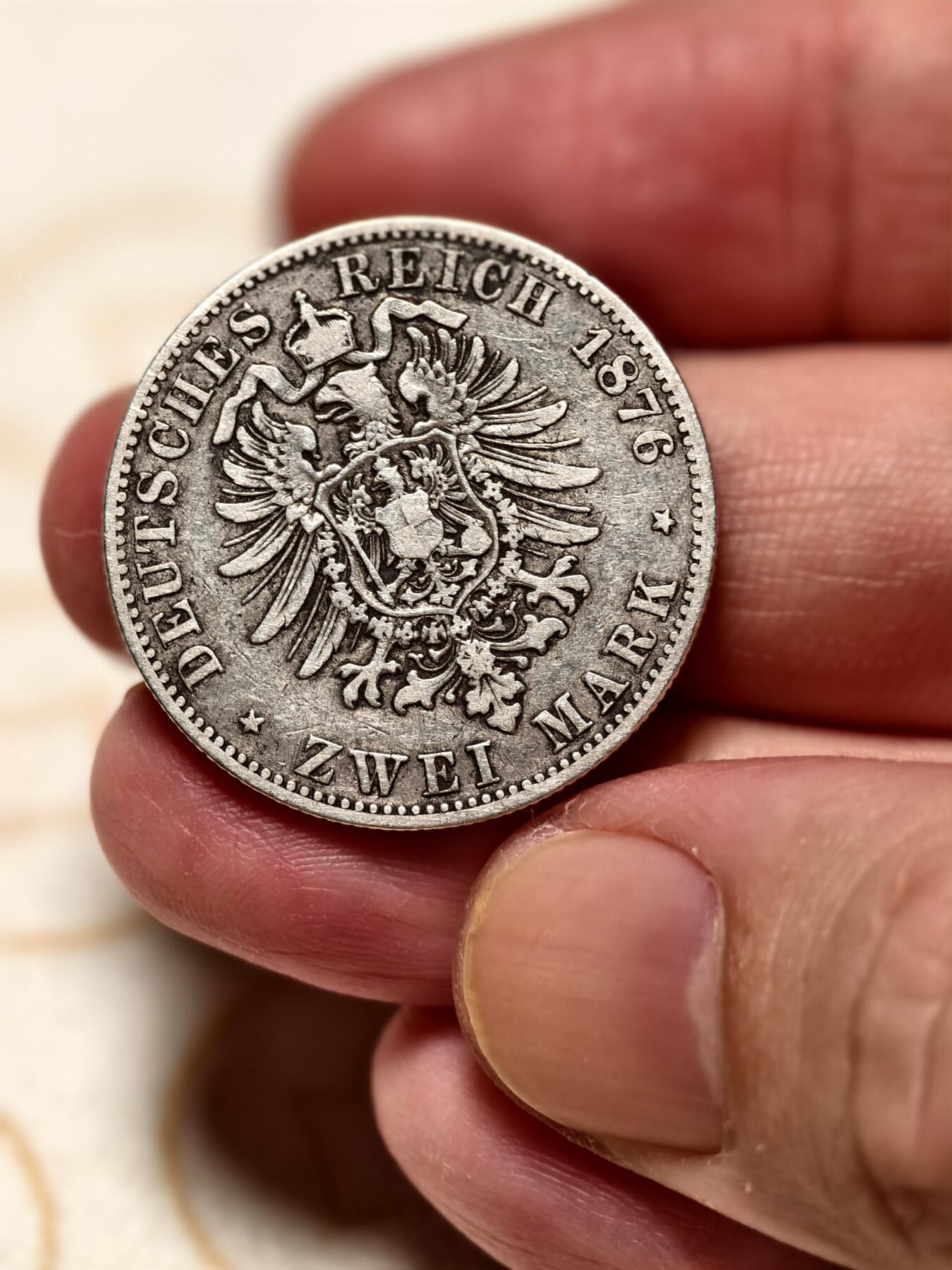 抚柳草堂-第十一期章牌钱币  奖章勋章限时免佣 满百包邮 放漏专场 1876年德国普鲁士威廉一世2马克a厂 短翅鹰好版重10.9g