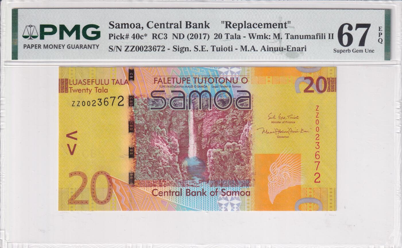 【礼羽收藏】🌏世界钱币拍卖第122期 【PMG67】大洋洲 萨摩亚 2017年 20塔拉 ZZ补号 世界最佳获奖钞 高分67 难出分品种 号码无4 Pick#40c*