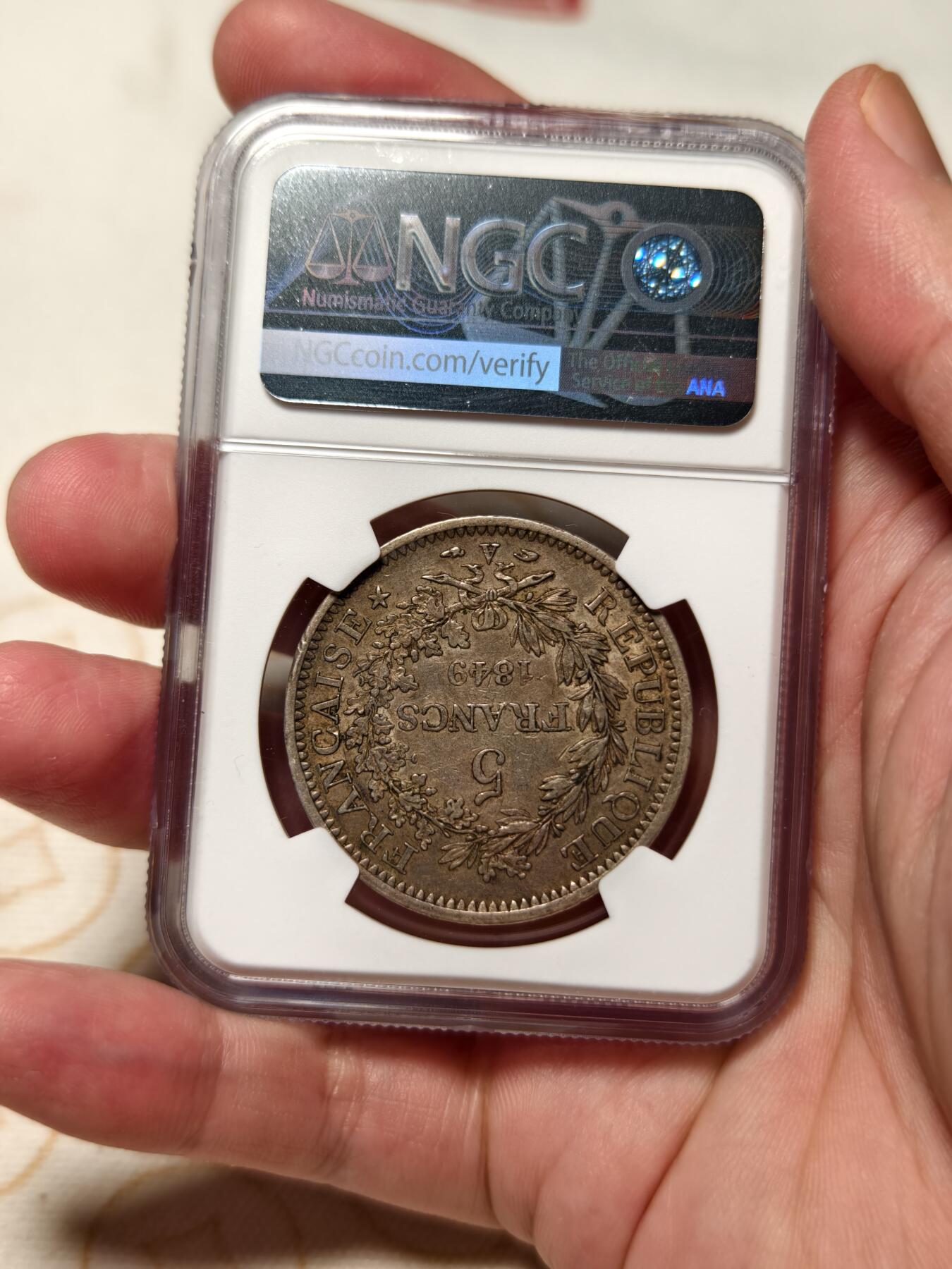 抚柳草堂-第十一期章牌钱币  奖章勋章限时免佣 满百包邮 放漏专场 1849法国大力神5法郎大银币Ngc au50 早期二共时期大力神 包浆味道一流