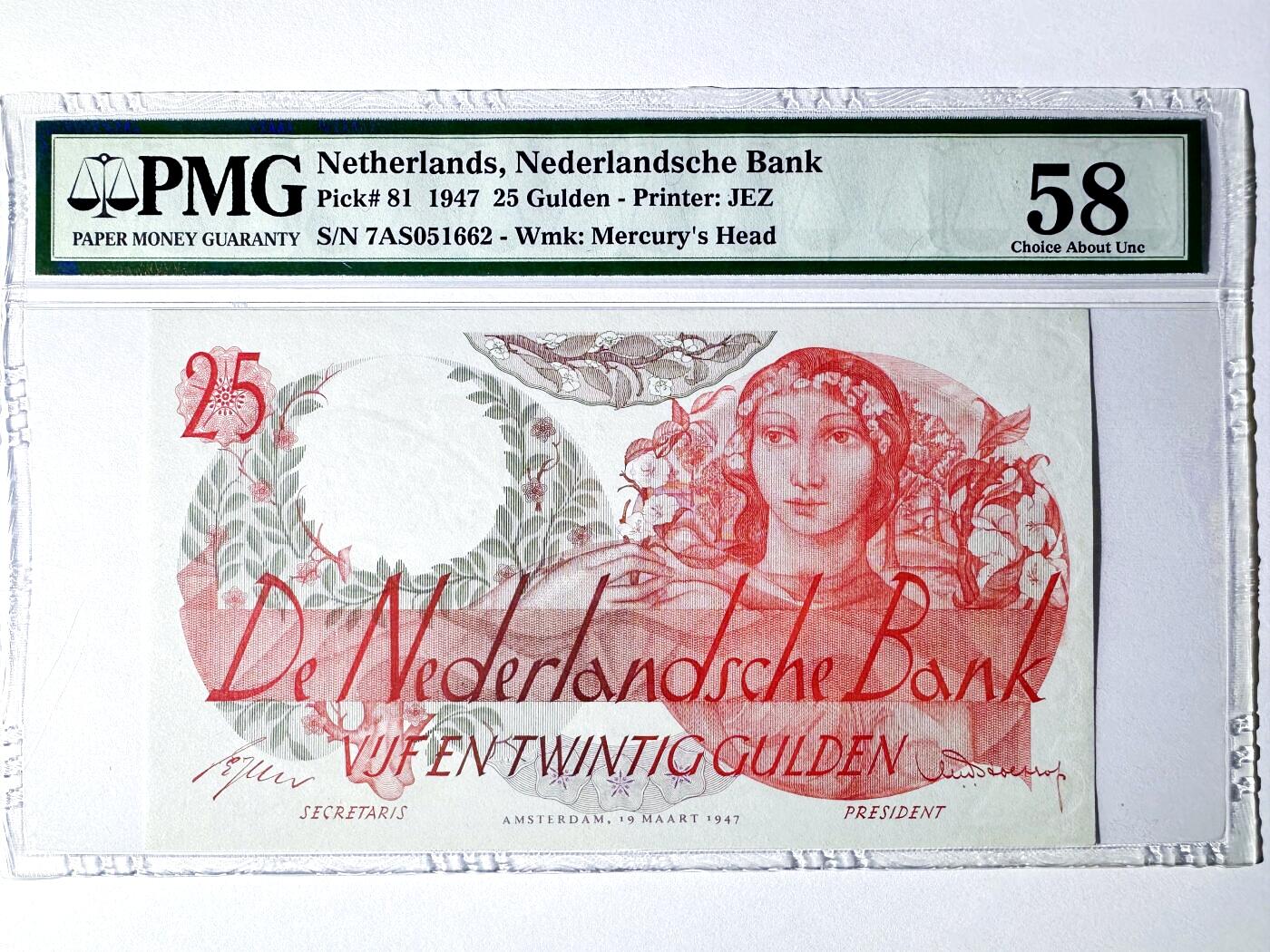 【Blue Auction】世界纸币精拍第780期——18级TOP拍卖/信誉/品质/专业/高效💫 【无47 仅3张更高分】荷兰 1947年25盾 经典花神 背面多彩线条勾勒的抽象艺术 设计别具一格 PMG58 老壳高分难得