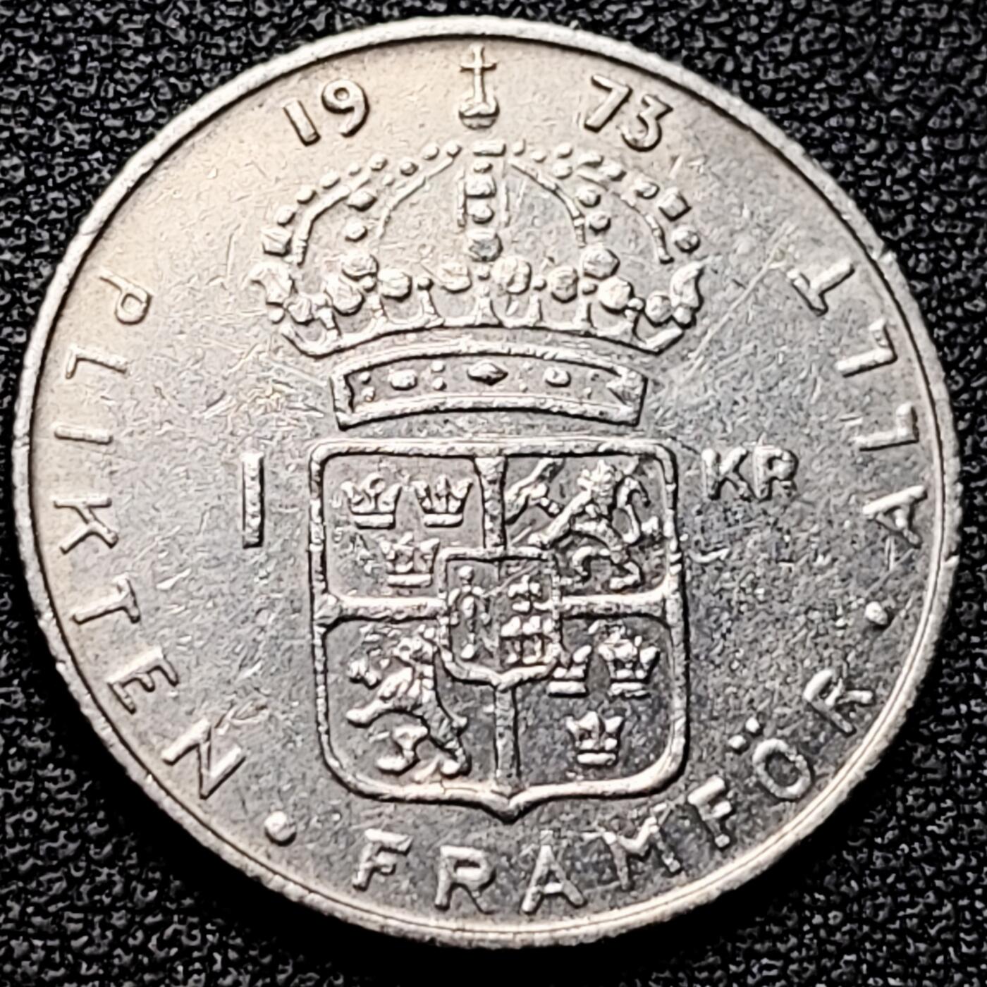 泉币菌-第176场- 精品福利场 瑞典1973年1克朗铜镍币，古斯塔夫六世国王，25mm