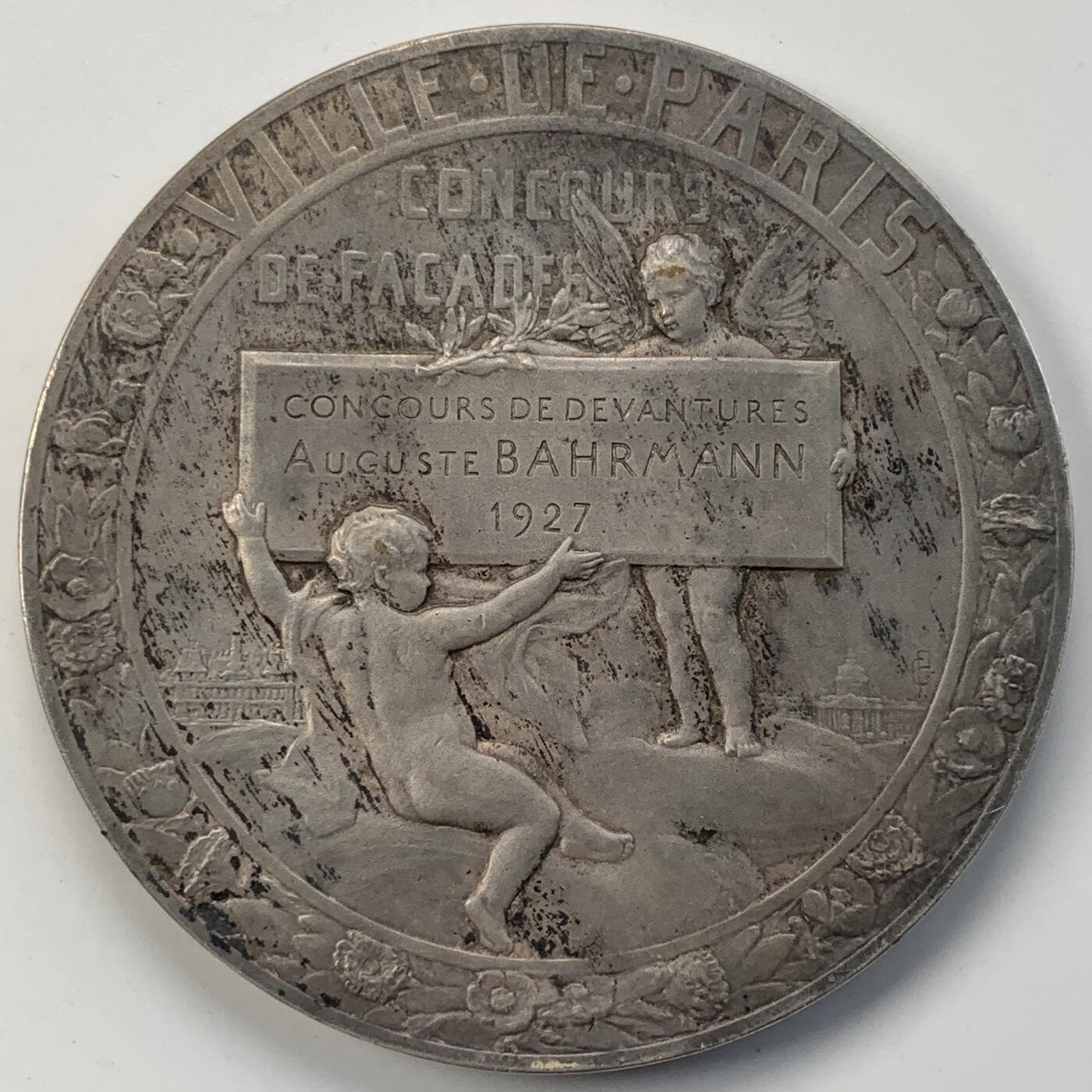 掌中浮雕-藏着的欧洲第051场 法国新艺术镀银大铜章《巴黎建筑设计大赛》， 71mm ， 作者: ch.Pillet  