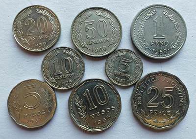 阿根廷硬币1957年-1968年5分-25比索8枚套 - 阿根廷硬币1957年-1968年5分-25比索8枚套