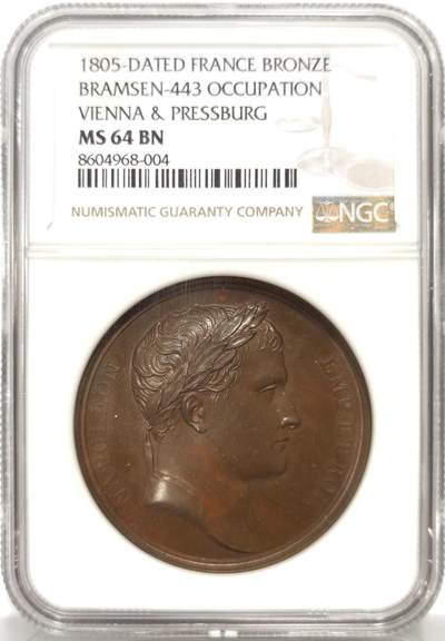 博洋堂世界钱币拍卖第159期（全场包邮） - NGC MS64 法国1805年拿破仑占领维也纳、普雷斯堡纪念铜章，64分高品相，巧克力包浆，收藏价值高