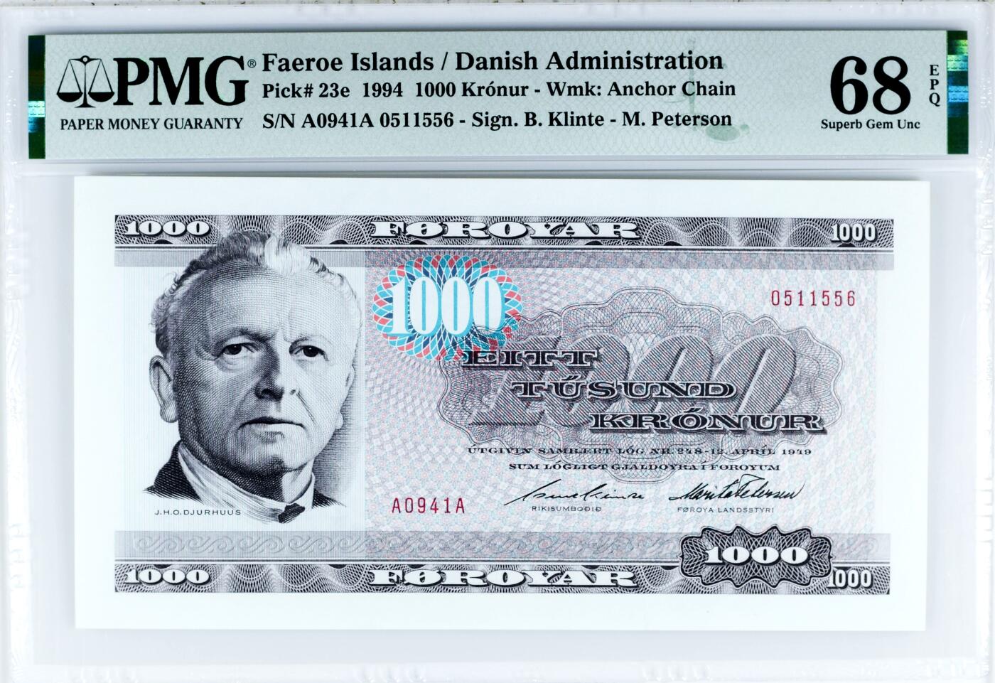 【Blue Auction】世界纸币精拍第780期——18级TOP拍卖/信誉/品质/专业/高效💫 【仅1张更高分 AA0冠无47】法罗群岛 1994年1000克朗 PMG68EPQ 高分 素描版