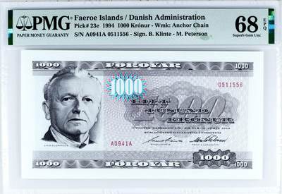【Blue Auction】世界纸币精拍第780期——18级TOP拍卖/信誉/品质/专业/高效💫 - 【仅1张更高分 AA0冠无47】法罗群岛 1994年1000克朗 PMG68EPQ 高分 素描版