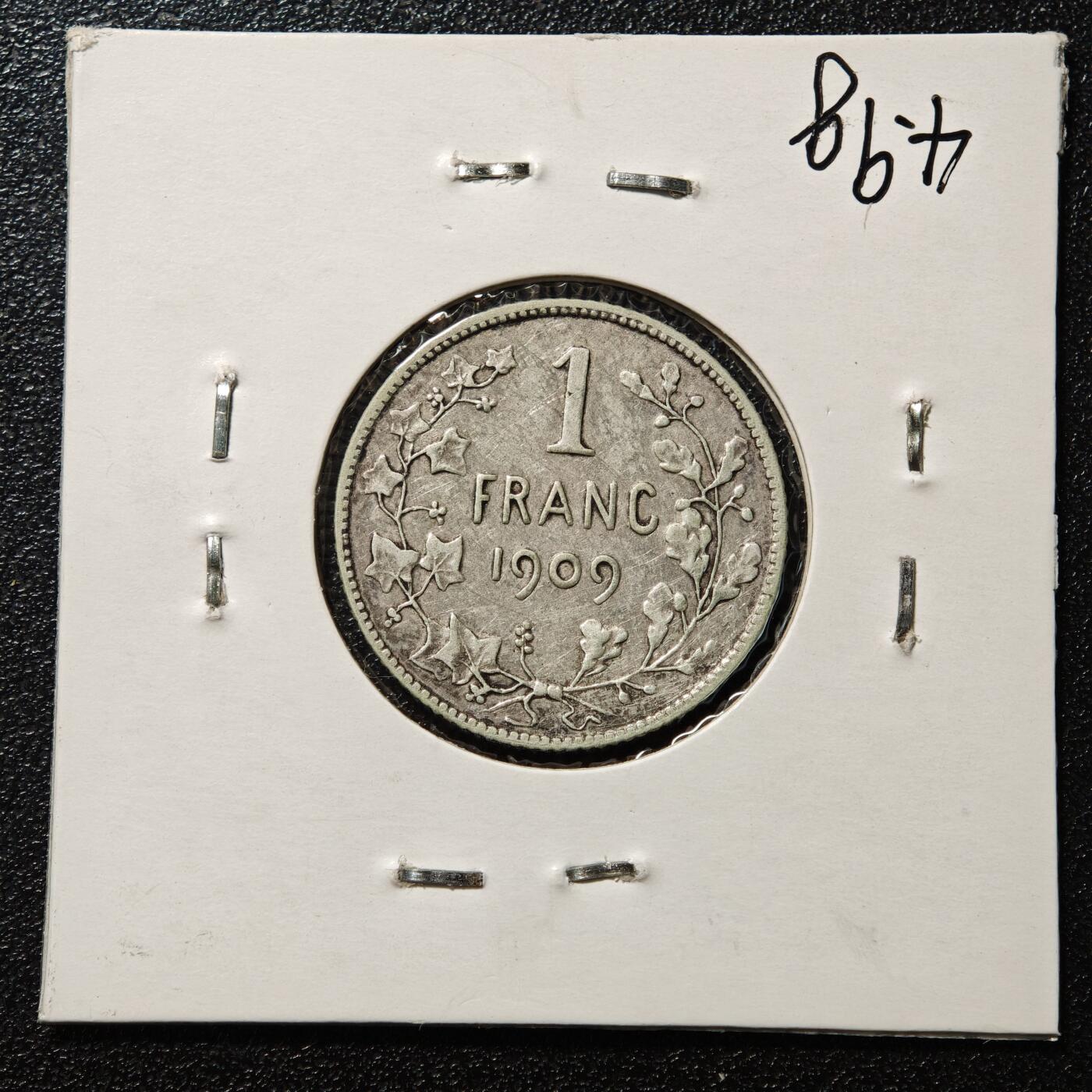 【德藏】世界币章拍卖第163期（拍品征集中~欢迎藏友联系） 老藏家集藏系列之- 1909年 比利时利奥波德二世1法郎银币 835银 直径约：23mm；重约：5g 入册20余年·附有当年购入价 