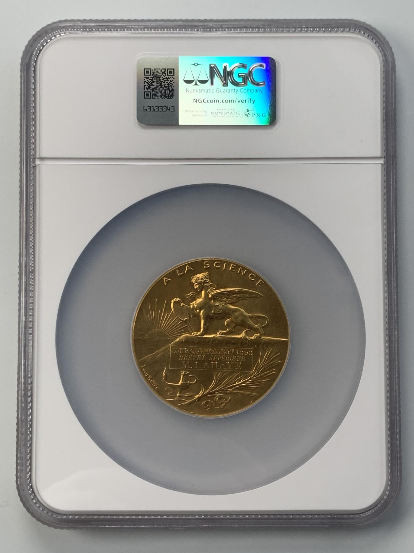 掌中浮雕-藏着的欧洲第051场 NGC MS64 : 1898年法国向科学致敬镀金铜奖章，51mm