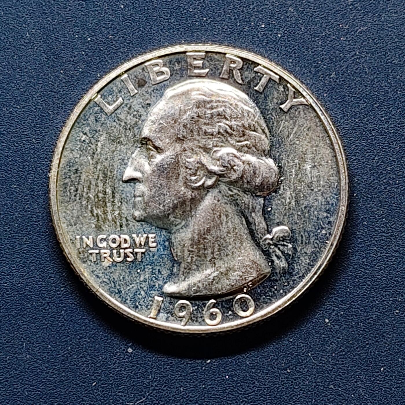 【全场包邮】纯粹捡漏拍498场-持续更新中 美国1960年华盛顿25分精制银币【24.3毫米6.25克90%，估算纯银价约158元（按28元/克银价核算）】