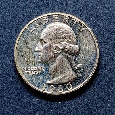 【全场包邮】纯粹捡漏拍498场-持续更新中 - 美国1960年华盛顿25分精制银币【24.3毫米6.25克90%，估算纯银价约158元（按28元/克银价核算）】