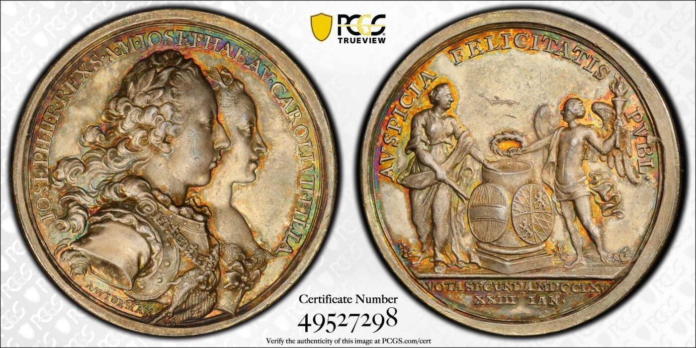 万国钱币拍卖第059期 PCGS SP63 PCGS SP63 1765年巴伐利亚马克西米利安三世的皇妹约瑟夫与奥地利皇帝约瑟夫二世结婚纪念大银章 罕见品种 保存状态极佳的18世纪帝国高浮雕结婚系列 无论是人物还是景观刻画都精细无比精美绝伦的古典艺术品 PC唯一冠军分