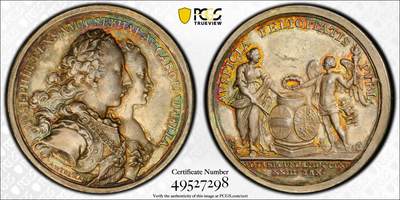 万国钱币拍卖第059期 - PCGS SP63 PCGS SP63 1765年巴伐利亚马克西米利安三世的皇妹约瑟夫与奥地利皇帝约瑟夫二世结婚纪念大银章 罕见品种 保存状态极佳的18世纪帝国高浮雕结婚系列 无论是人物还是景观刻画都精细无比精美绝伦的古典艺术品 PC唯一冠军分