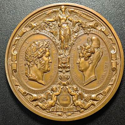 【德藏】世界币章拍卖第163期（拍品征集中~欢迎藏友联系） - 1830年 法国王室访问巴黎皇家造币厂纪念大铜章 丰饶角边铭 立体感极强 边有一处磕碰 直径约：75.8mm；重约：200.7g