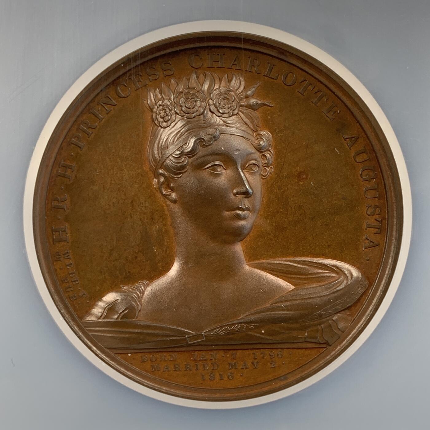 掌中浮雕-藏着的欧洲第051场 NGC MS64 : 1817年英国国王乔治四世唯一的孩子夏洛特公主去世纪念铜章，50mm