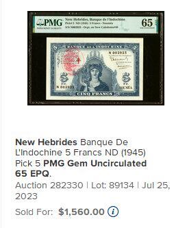 【Blue Auction】世界纸币精拍第780期——18级TOP拍卖/信誉/品质/专业/高效💫 【千位小号无47 早期p5实钞高分少见 仅1张更高分】新赫布里底 1945年5法郎 胜利女神雕刻精美 非常有特色 背面经典四面佛 PMG66EPQ （2年前一张65分的拍了1560美金）