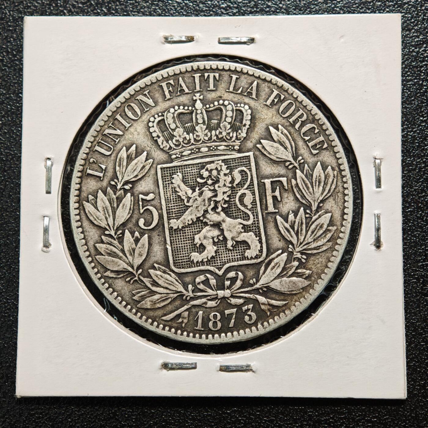 【德藏】世界币章拍卖第163期（拍品征集中~欢迎藏友联系） 老藏家集藏系列之- 1873年 比利时利奥波德二世5法郎银币 900银 直径约：38mm；重约：25g 入册20余年·附有当年购入价 