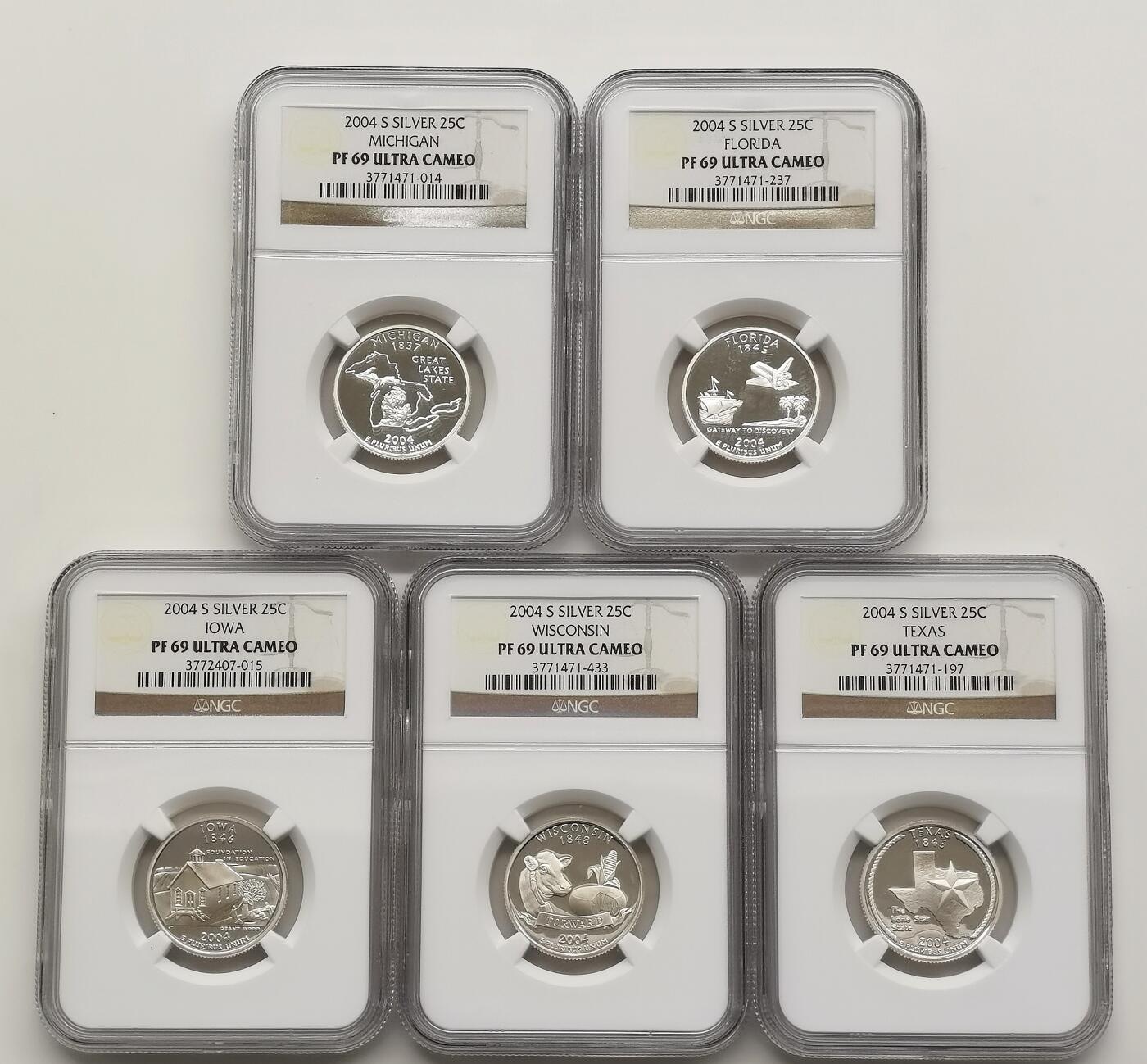 博洋堂世界钱币拍卖第159期（全场包邮） NGC PF69UC 美国2004年德克萨斯州25分纪念银币一套，69分超高分，6克925银银价30*0.925*28=777元