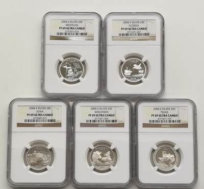 博洋堂世界钱币拍卖第159期（全场包邮） - NGC PF69UC 美国2004年德克萨斯州25分纪念银币一套，69分超高分，6克925银银价30*0.925*28=777元