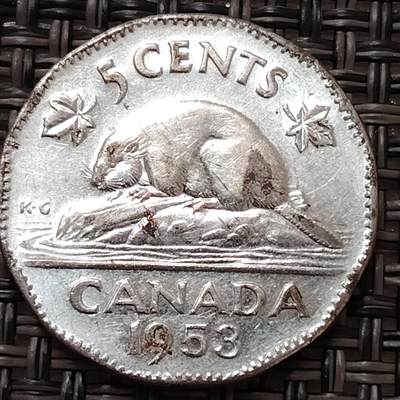 布加迪🐬～世界钱币(上海)🌾第 272 期 /  各国套币和散币 - 加拿大🇨🇦 1953年 5分 海狸图案 21.2mm ~L7
