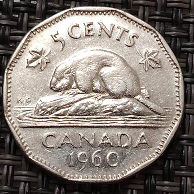 布加迪🐬～世界钱币(上海)🌾第 272 期 /  各国套币和散币 - 加拿大🇨🇦 1960年 5分 海狸图案 21.2mm ~L7