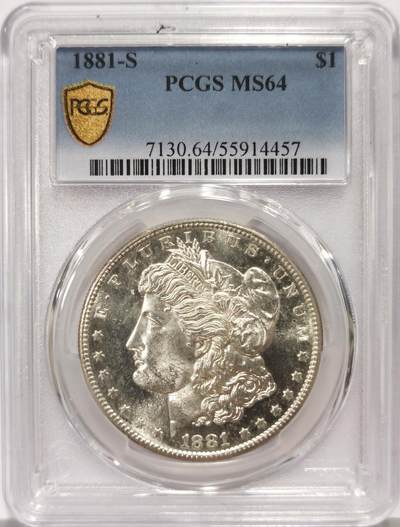博洋堂世界钱币拍卖第159期（全场包邮） - PCGS MS64 美国1881年S版摩根银币，镜面感