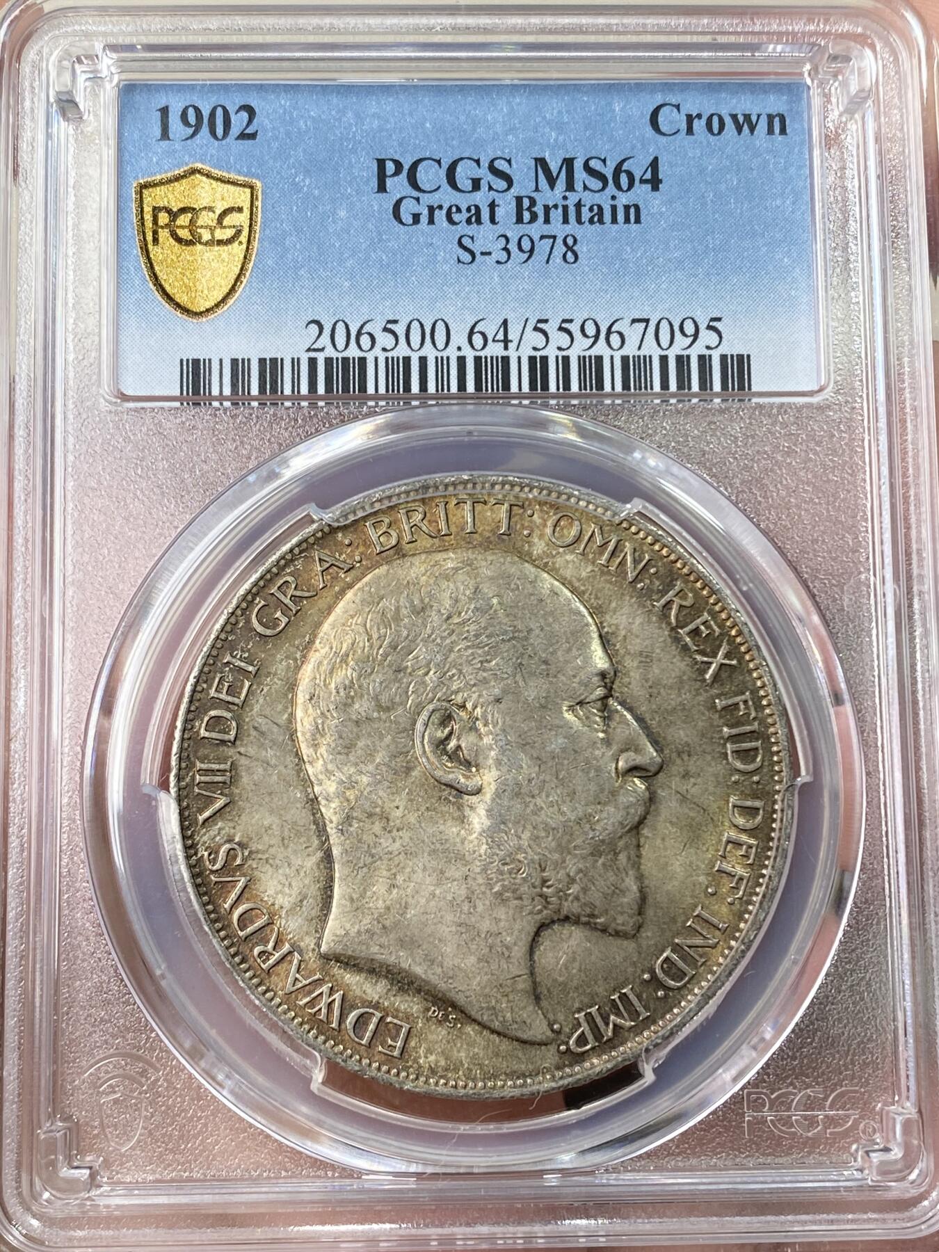 万国钱币拍卖第060期（万国六十期纪念大拍） PCGS MS64 1902英国爱德华七世马剑克朗 高分难度大于精制的流通品种 车轮转光底板在油画般的英伦五彩包浆加持下更添魅力 典藏级品质