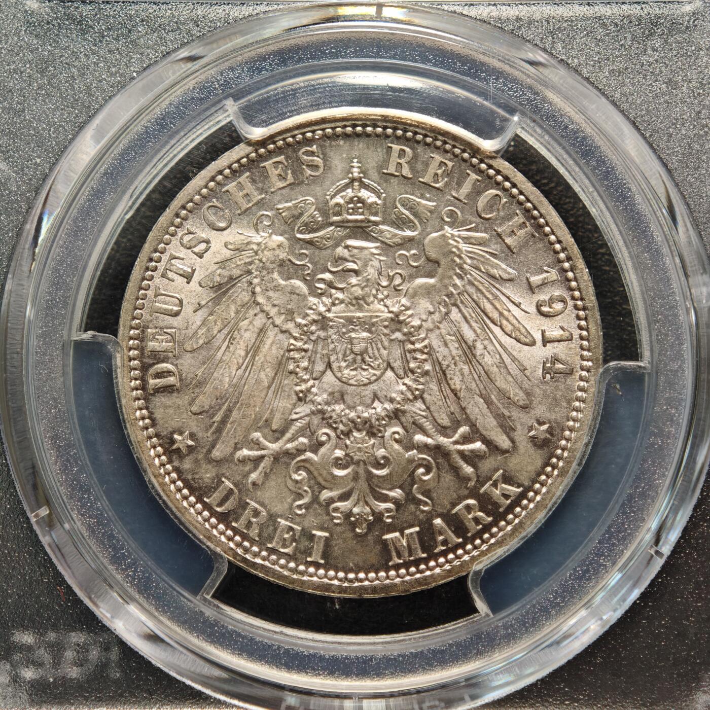 【德藏】世界币章拍卖第163期（拍品征集中~欢迎藏友联系） 1914年 德国安哈特-德绍公爵银婚3马克纪念银币 PCGS MS64 淡彩包浆 原光十足