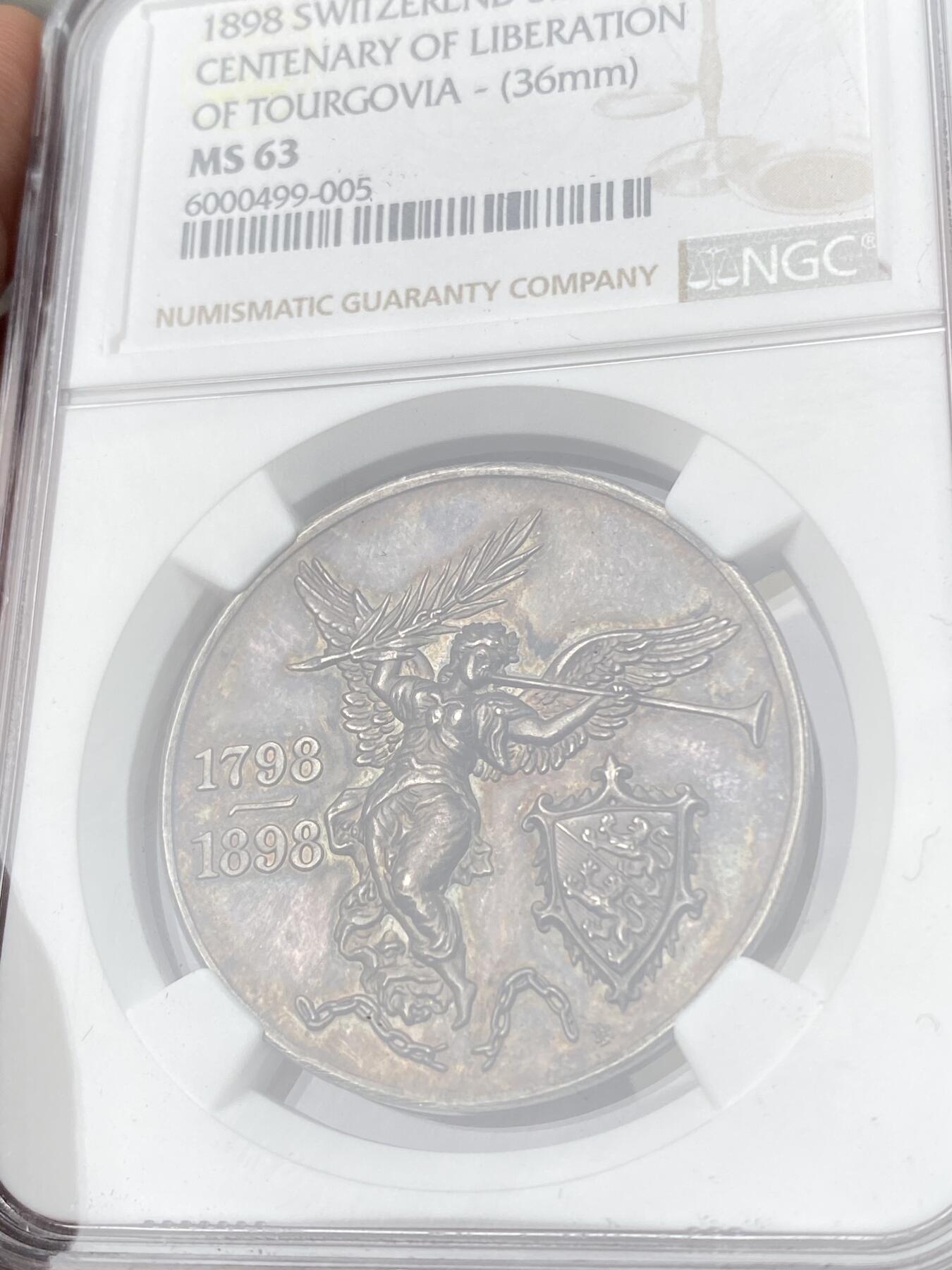 万国钱币拍卖第060期（万国六十期纪念大拍） NGC MS63 1898年瑞士联邦图尔高解放百周年纪念大银章 瑞士女神吹响解放号角 欧陆深五彩