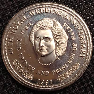 布加迪🐬～世界钱币(上海)🌾第 272 期 /  各国套币和散币 - 特克斯和凯科斯群岛 1991年 1克朗 39.2mm 戴安娜王妃结婚10周年