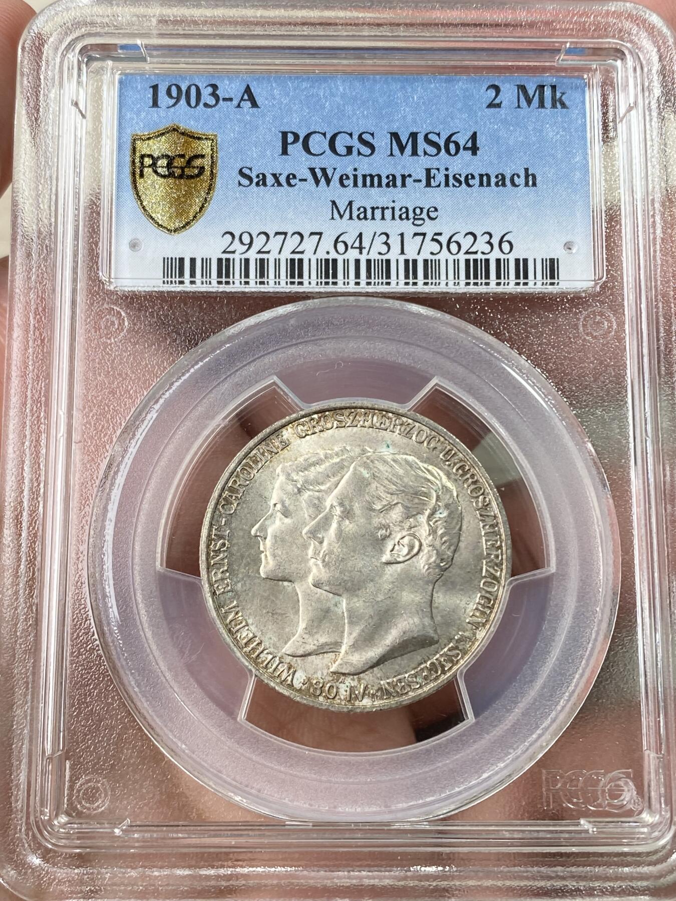 万国钱币拍卖第060期（万国六十期纪念大拍） PCGS MS64 1903德国萨克森-魏玛-埃森纳赫结婚纪念长翅2马克银币 小邦品种 淡彩转光好品难得