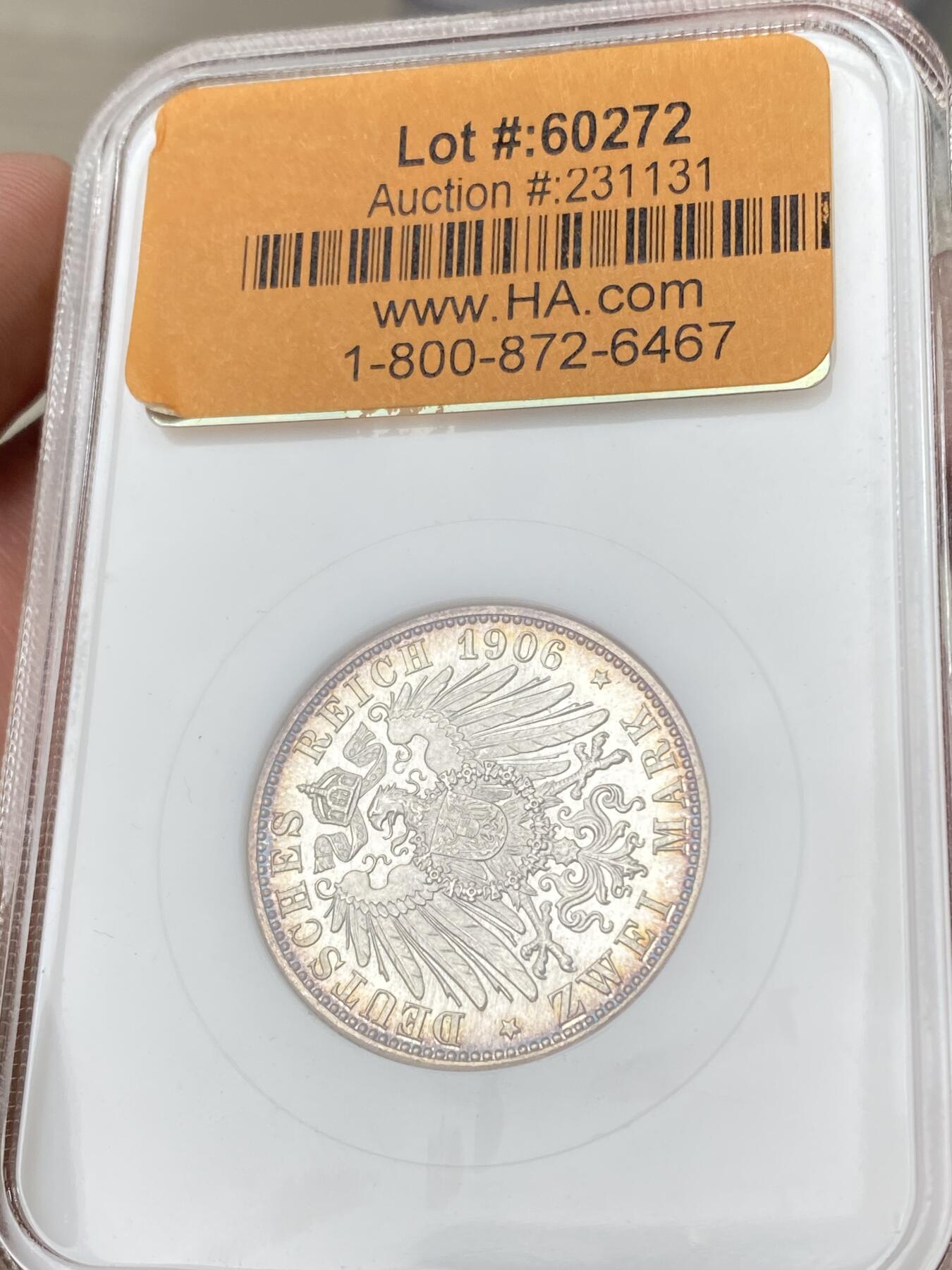 万国钱币拍卖第060期（万国六十期纪念大拍） NGC MS65 1906德国巴登结婚纪念长翅2马克银币 丝绸转光香槟金渐变环五彩极美 NGC老白盒顶级收藏品质