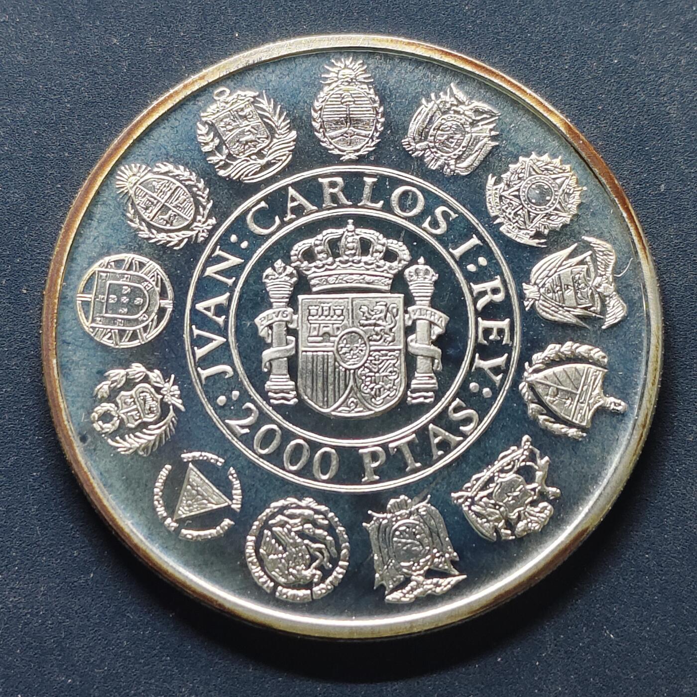 【全场包邮】纯粹捡漏拍499场-持续更新中 【伊比利亚美洲系列首套发现美洲500周年】西班牙1991年2000比塞塔精制纪念银币【40毫米27克92.5%，估算纯银价约699元（按28元/克银价核算）】